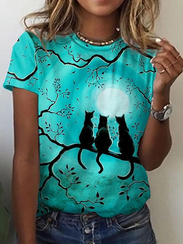 Round Neck Casual Cute Cat Print Short-Sleeved T-Shirt