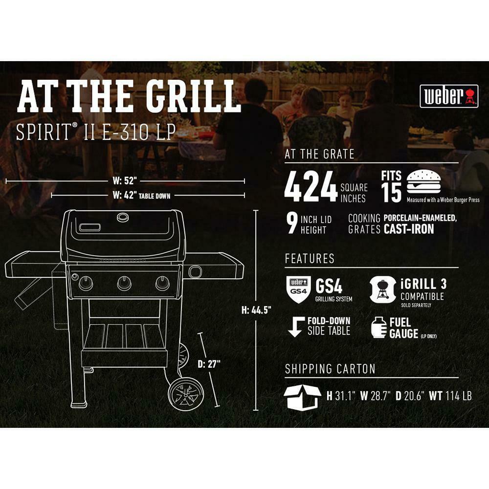 Propane Gas Grill 3-Burner  Steel Warming Rack 2-Wheels Black
