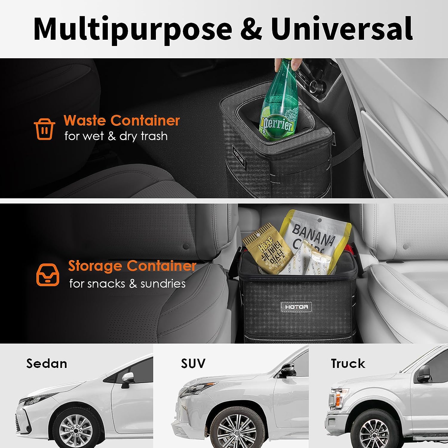 HOTOR Car Trash Can - 2 Pack, Optimal Car Accessories for Interior, Leakproof Car Organizers and Storage Bin for Front &amp; Rear Seats, Car Organizer with Adjustable Straps, Magnetic Snaps,Black