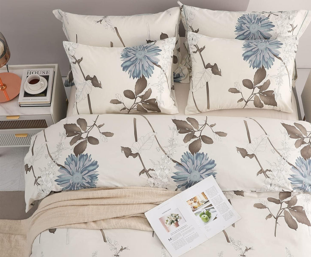 SLEEPBELLA Duvet Cover Queen Size, 600 Thread Count Cotton Botanical Flowers Pattern Printed Reversible Comforter Cover