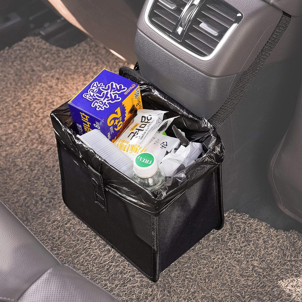 KMMOTORS Car Trash Can, Leather Car Trash Bag Foldable Hanging, Car Trash bin, Cute car Gadgets, Car Garbage Container, Vegan Leather(Medium, Black)