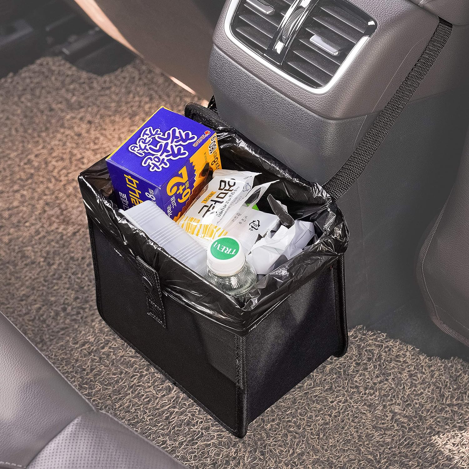 KMMOTORS Car Trash Can, Leather Car Trash Bag Foldable Hanging, Car Trash bin, Cute car Gadgets, Car Garbage Container, Vegan Leather(Medium, Black)