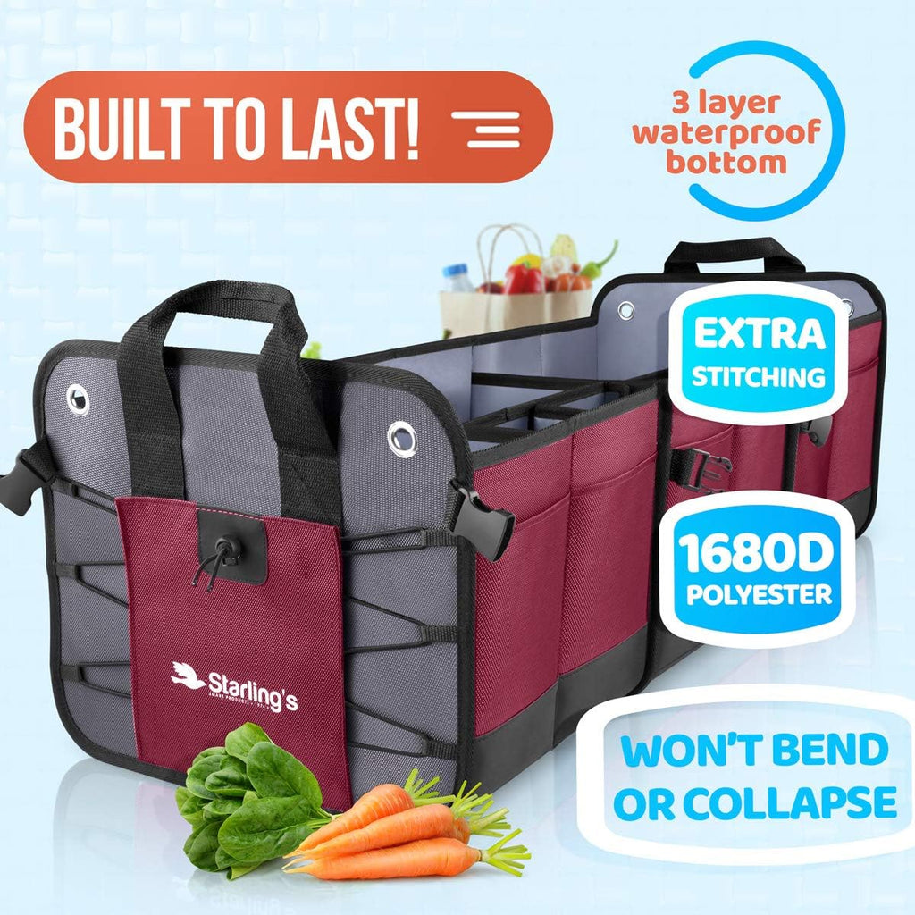Starling's Car Trunk Organizer - Durable Storage SUV Cargo Organizer Adjustable (Bordeaux, 3 Compartments)