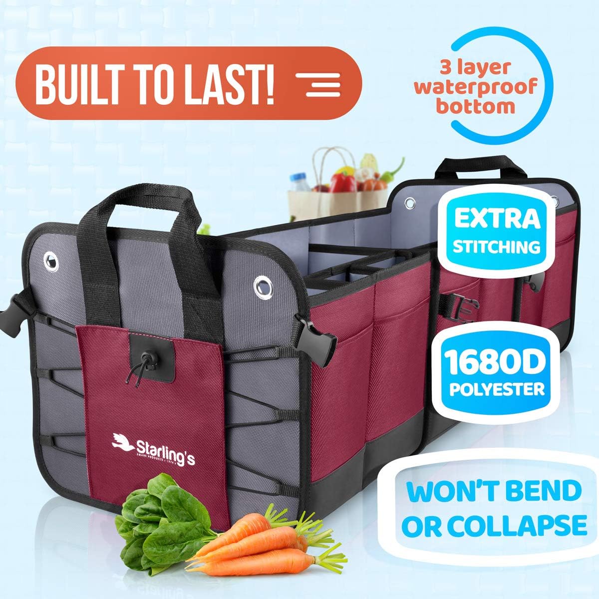 Starling's Car Trunk Organizer - Durable Storage SUV Cargo Organizer Adjustable (Bordeaux, 3 Compartments)