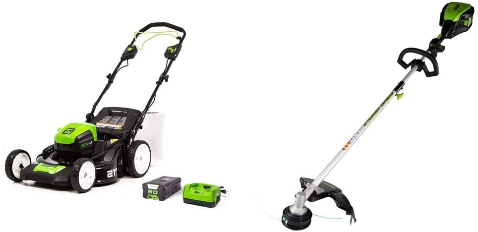 Greenworks Pro 80V 21 inch Brushless Self-Propelled Lawn Mower 4.0Ah Battery and Charger Included, MO80L410 & PRO 80V 16 inch Cordless String Trimmer (Attachment Capable), Tool Only, GST80320