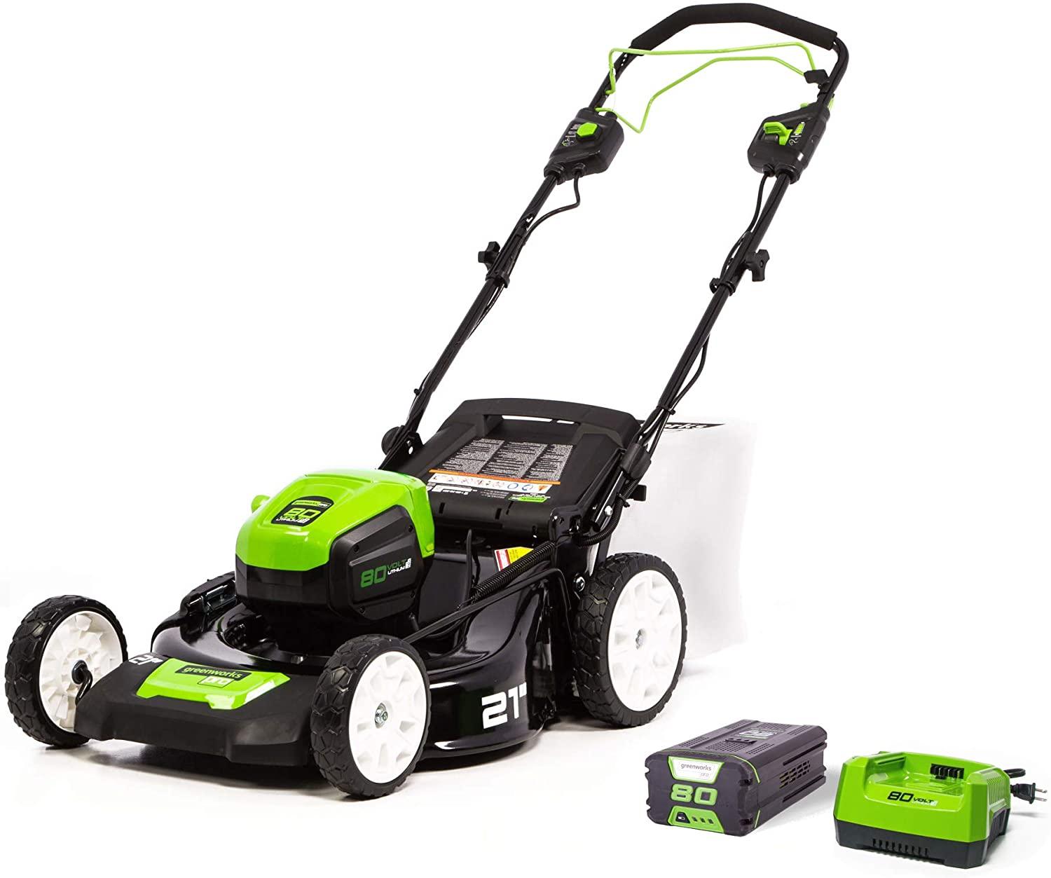 Greenworks Pro 80V 21 inch Brushless Self-Propelled Lawn Mower 4.0Ah Battery and Charger Included, MO80L410 & PRO 80V 16 inch Cordless String Trimmer (Attachment Capable), Tool Only, GST80320