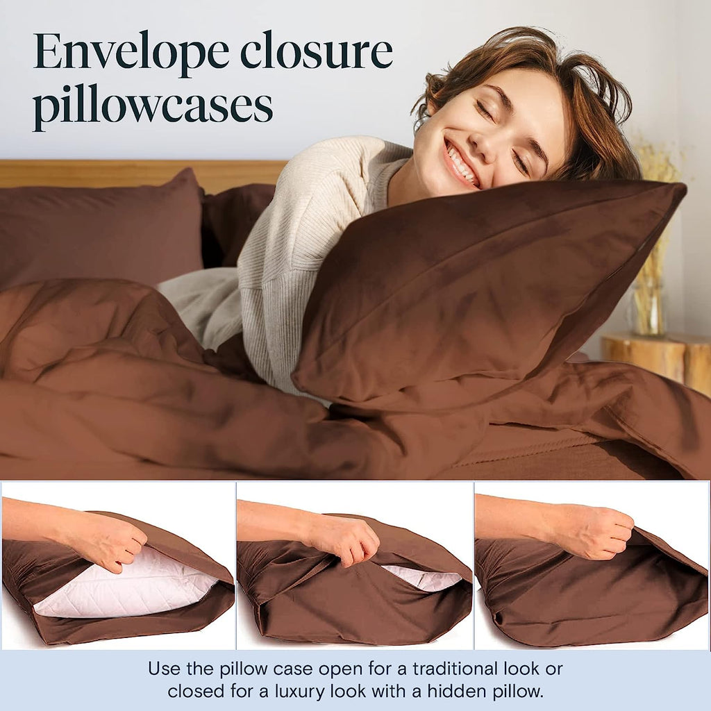 LuxClub 7 PC Split King Sheet Set Bamboo Sheets Deep Pockets 18" Eco Friendly Wrinkle Free Cooling Sheets Machine Washable Hotel Bedding Silky Soft - Brown Split King