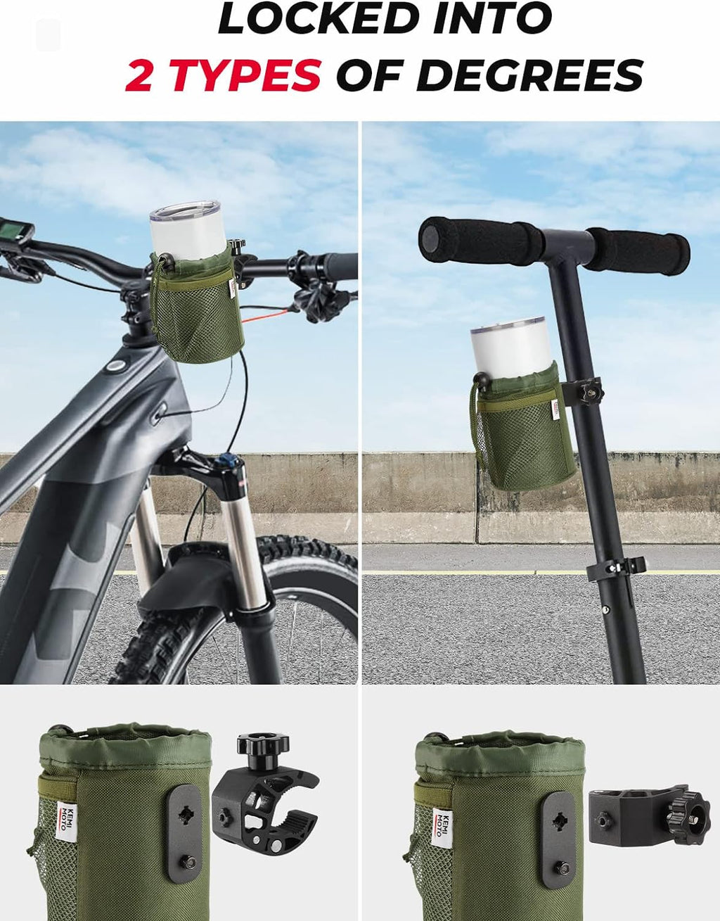 kemimoto Scooter Cup Holder, Oxford Fabric Motorcycle Drink Holder with 0.6"-1.5" Alligator Clamp, Universal Water Bottle Holder for Motorcycle, ATV, Scooter, Boat, Kayak, Bike, Walker, Army Green
