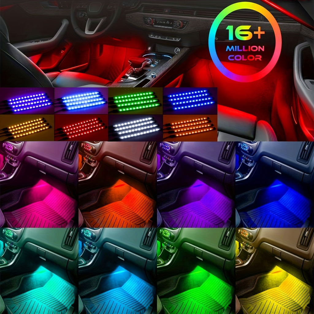 Car LED Lights, 4pcs 48 LED Interior Lights, Smart App Control Lights Bars, Multicolor Music Car Strip Light Under Dash Lighting