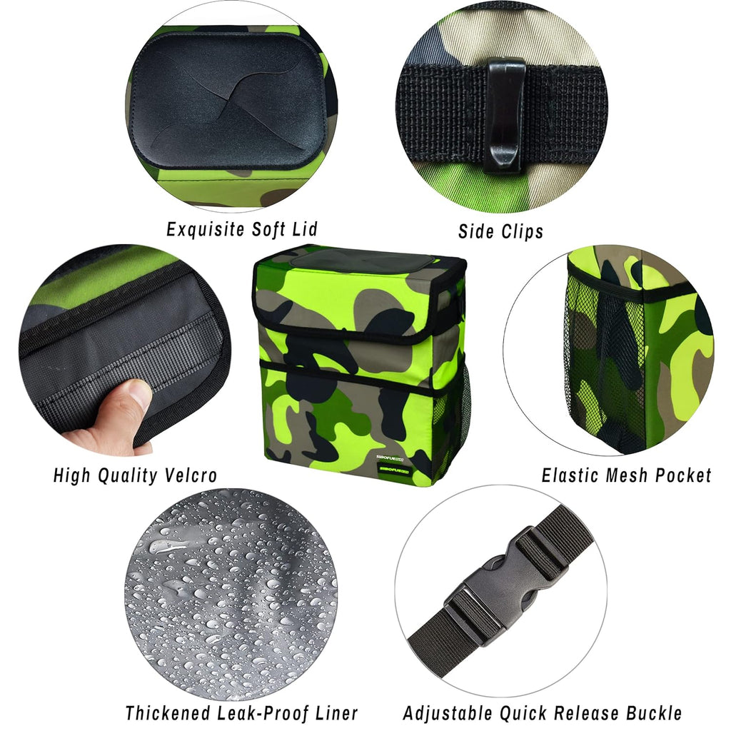 SIBOFUEGO Cute Car Trash Can with Lid - Leak Proof Car Trash Bag Hanging Waterproof Car Garbage Can with Storage Pockets Multipurpose Collapsible Car Organizer (Camo Green)