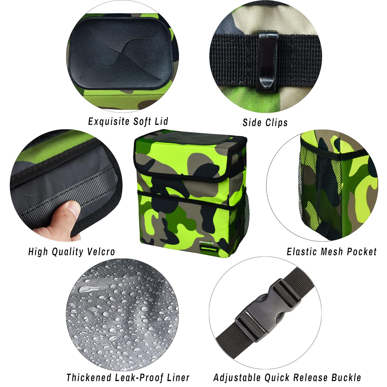 SIBOFUEGO Cute Car Trash Can with Lid - Leak Proof Car Trash Bag Hanging Waterproof Car Garbage Can with Storage Pockets Multipurpose Collapsible Car Organizer (Camo Green)