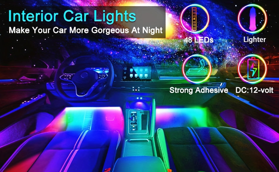 Car LED Lights, 4pcs 48 LED Interior Lights, Smart App Control Lights Bars, Multicolor Music Car Strip Light Under Dash Lighting