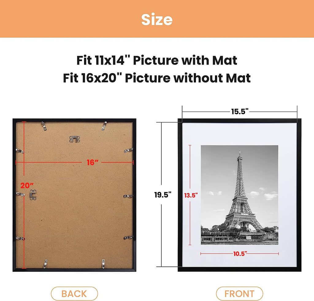 upsimples 16x20 Picture Frame Set of 5, Display Pictures 11x14 with Mat or 16x20 Without Mat,Wall Gallery Poster Frames,Black