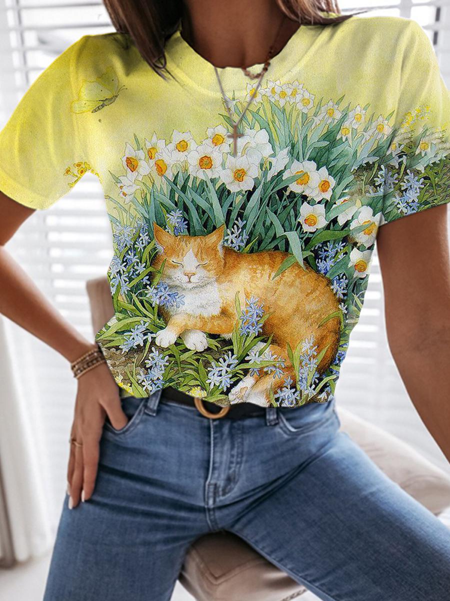 Casual Flower And Cat Print Short-Sleeved T-Shirt