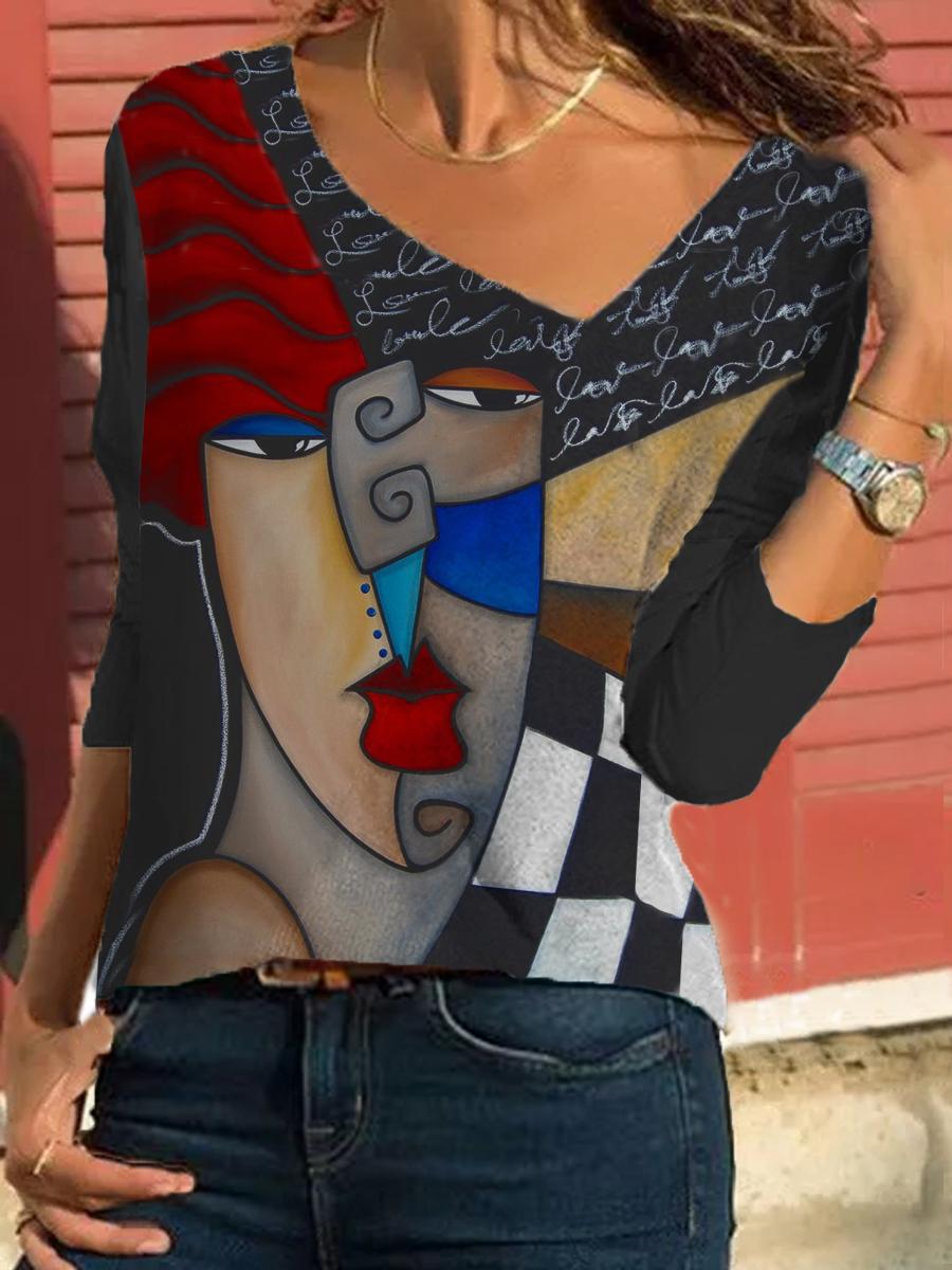Fashion Art Print Color Block Top Women
