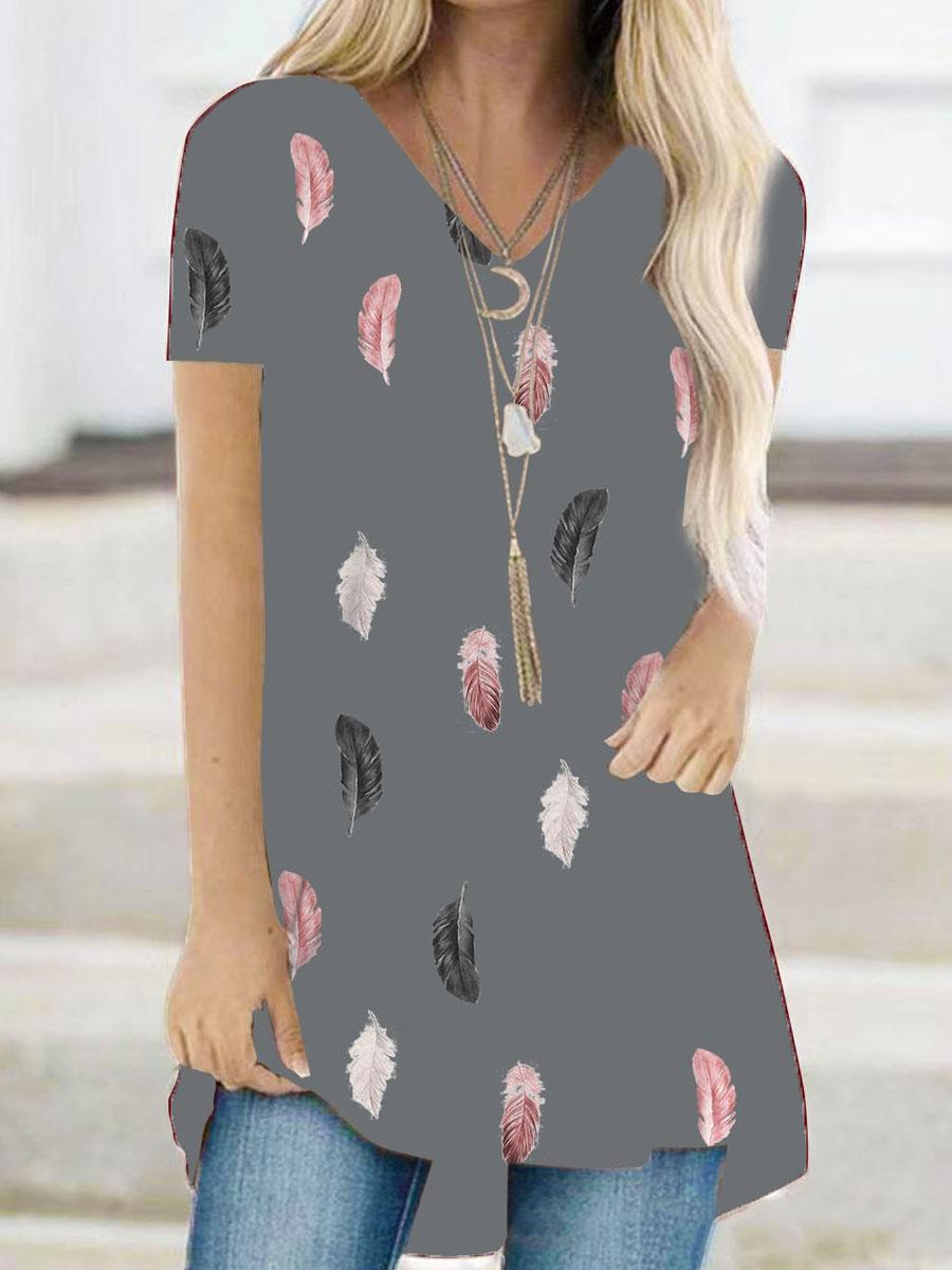 Feather Print V-neck Casual Short Sleeve T-shirt