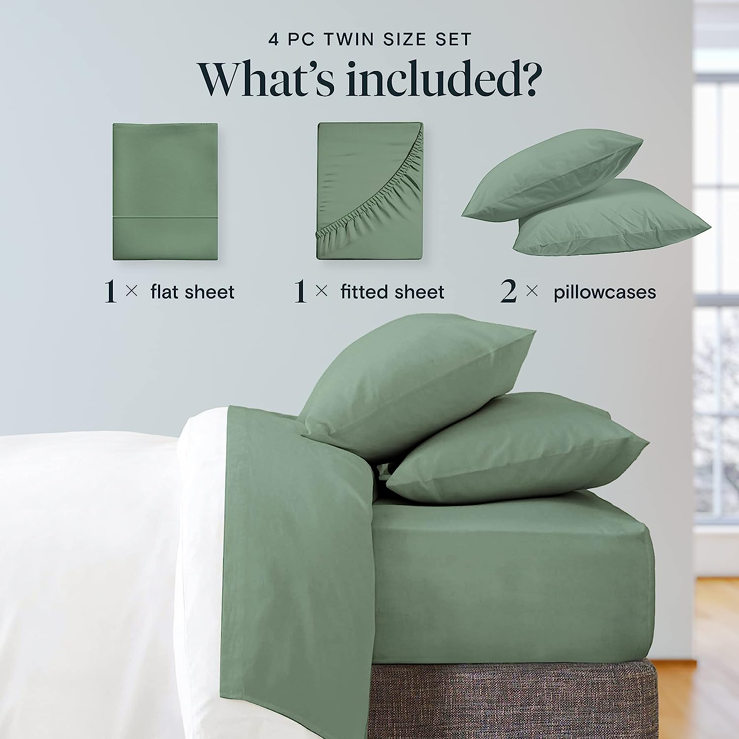 LuxClub Twin Sheets Set - Soft Twin Bed Sheets for Boys and Girls, 4 PC Deep Pockets 18" Eco Friendly Wrinkle Free Kids Fitted Sheets Machine Washable Hotel Bedding Silky Soft- Tree Moss Green Twin
