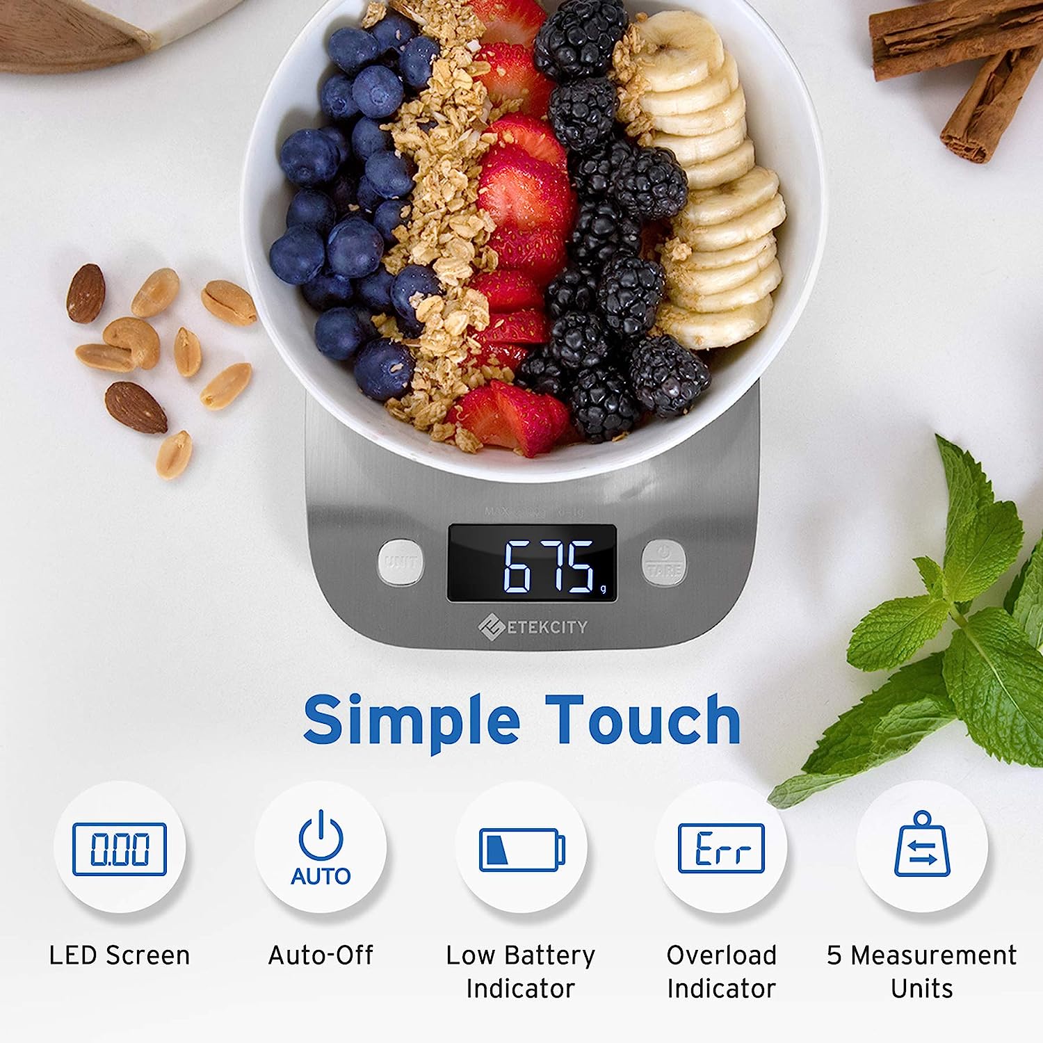 Etekcity Food Kitchen Scale, Digital Grams and Ounces for Weight Loss, Baking, Cooking, Keto and Meal Prep, Medium, Silver Stainless Steel