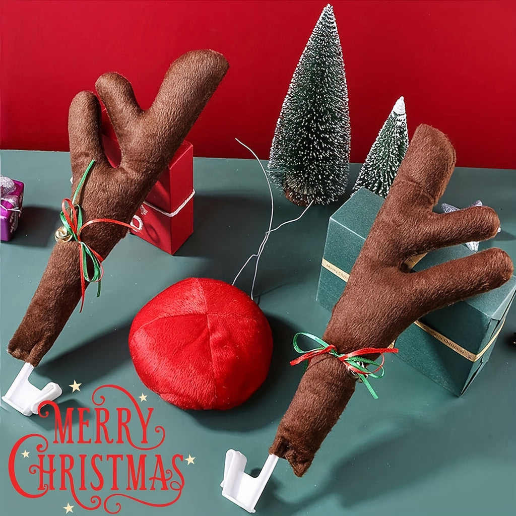 Car Reindeer Antlers &amp; Nose - Window Roof-Top &amp; Grille Rudolph Reindeer Jingle Bell Christmas Costume - Auto Accessories Decoration Kit