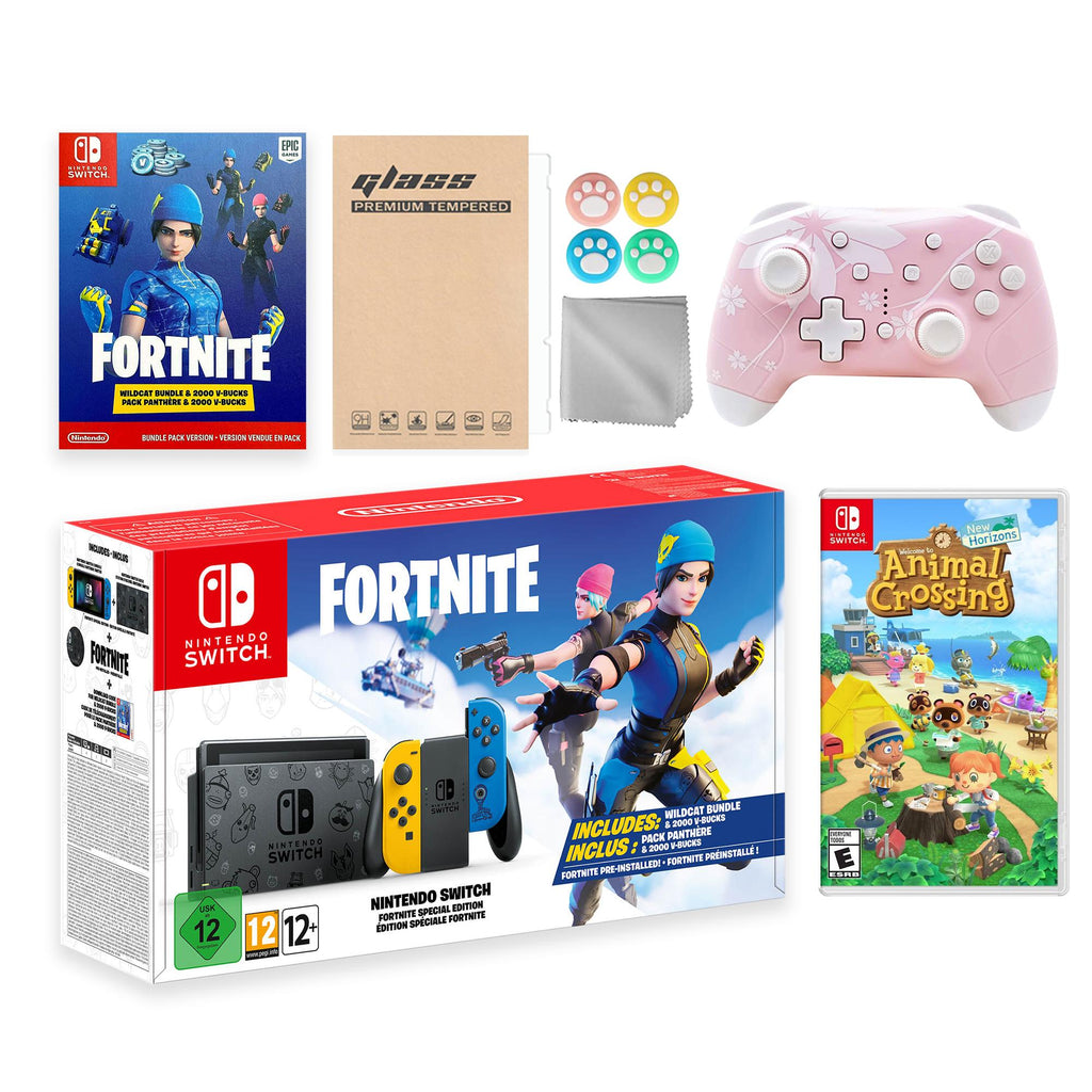 Nintendo Switch Fortnite Wildcat Limited Console Set, Epic Wildcat Outfits, 2000 V-Bucks, Bundle With Animal Crossing: Horizons And Mytrix Wireless Switch Pro Controller and Accessories