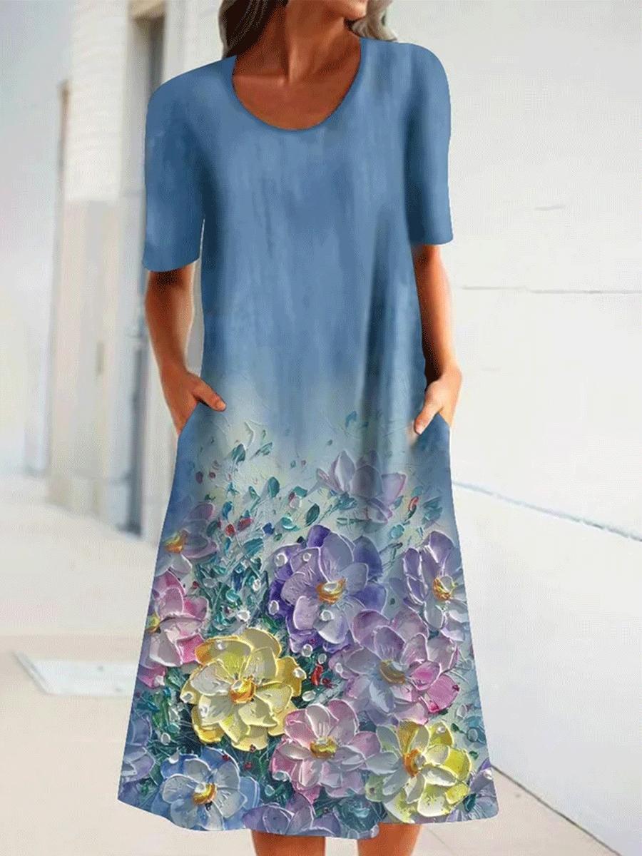 Floral Print Round Neck Short Sleeve Casual Dress