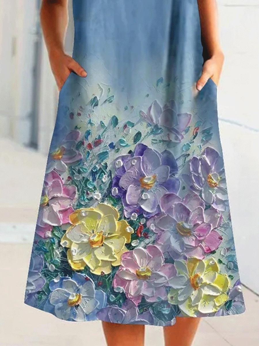 Floral Print Round Neck Short Sleeve Casual Dress