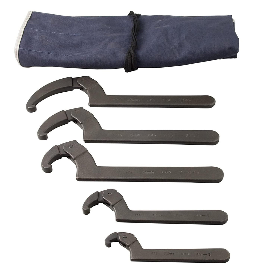 SHW5K Adjustable Hook Spanner Wrench Set, 5 Pieces ranging from 3/4" to 8-3/4" in Kit Bag, Industrial Black Finish