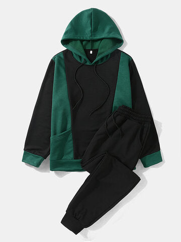 mens two tone stitching hoodie casual two pieces outfits with sweatpants