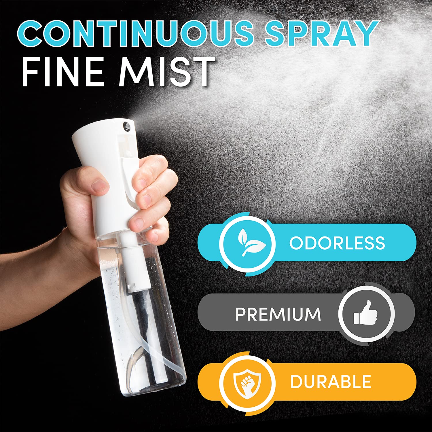 Hula Home Continuous Spray Bottle (10.1oz/300ml) Empty Ultra Fine Plastic Water Mist Sprayer – For Hairstyling, Cleaning, Salons, Plants, Essential Oil Scents &amp; More - White