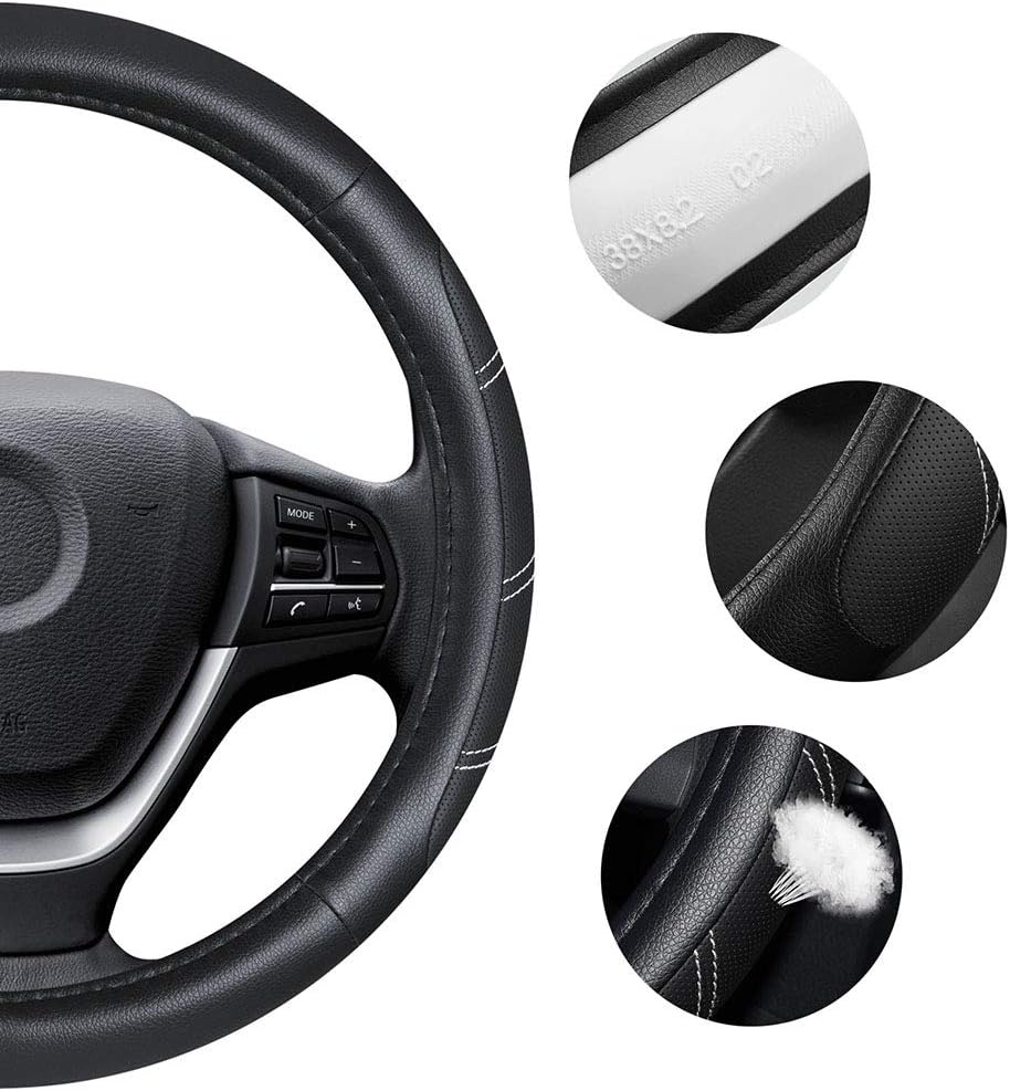 Elantrip Sport Leather Steering Wheel Cover 14 1/2 inch to 15 inch Universal, Padded Soft Grip Breathable for Car Truck SUV Jeep, Anti Slip Odorless Black