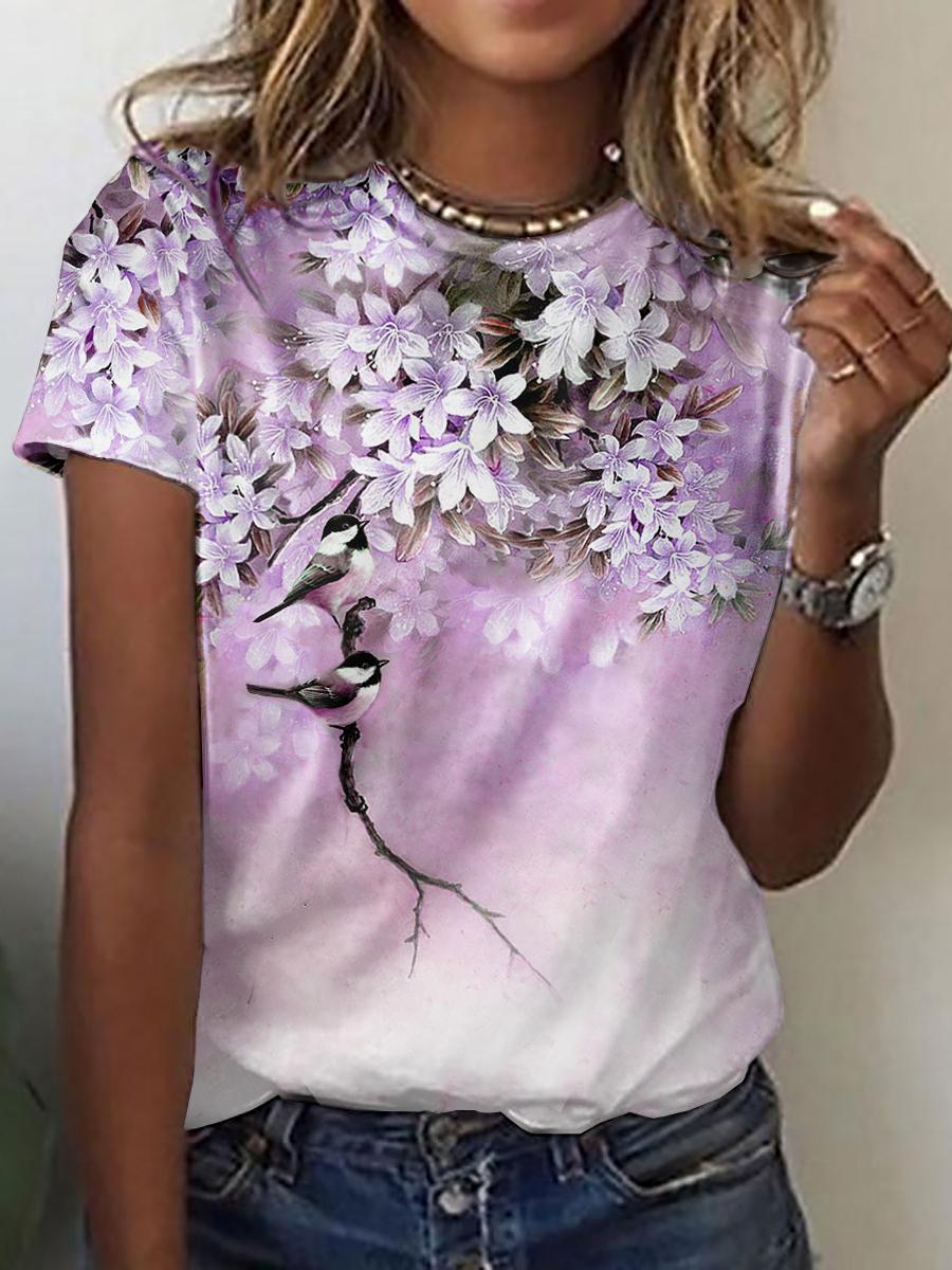 Round Neck Casual Oriental Cher Print Short-Sleeved T-Shirt