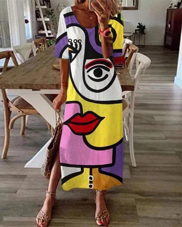 casual abstract print short sleeve slit plus size dress