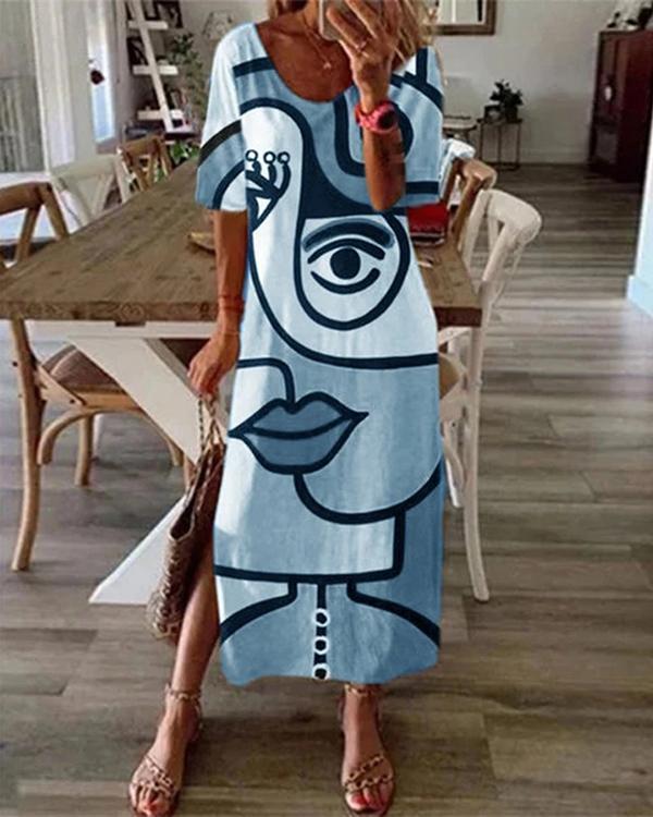 casual abstract print short sleeve slit plus size dress