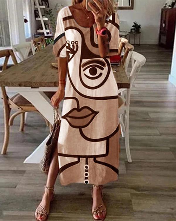 casual abstract print short sleeve slit plus size dress