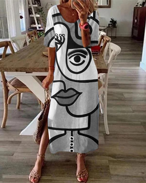 casual abstract print short sleeve slit plus size dress