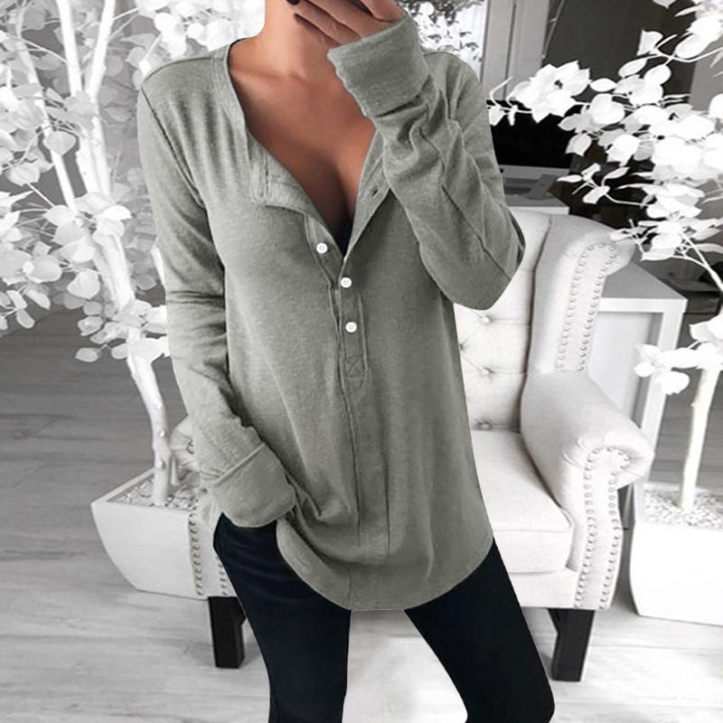 Fashion Long Sleeve V-neck Solid Color Button T-Shirt