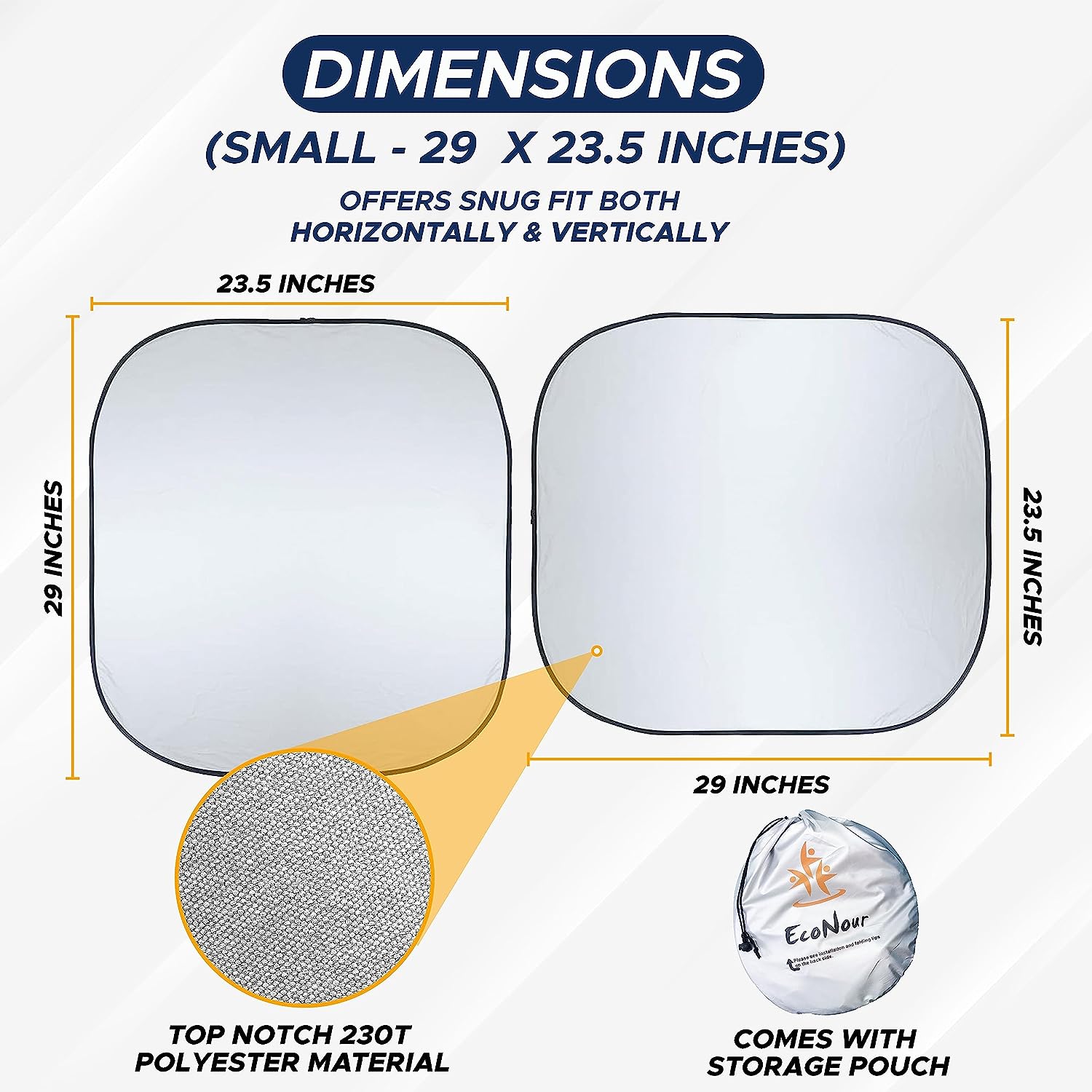EcoNour 2-Piece Car Shade Front Windshield, Durable 230T Polyester Car Window Shades Blocks UV Rays, Foldable Automotive Interior Accessories for Sun Protection, Small (23.5 in x 29 in)