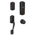 Aged Bronze Connect Z-Wave Plus Smart Deadbolt Alarmed Lock with Camelot Trim &amp; Door Handle Set with Georgian Door Knob