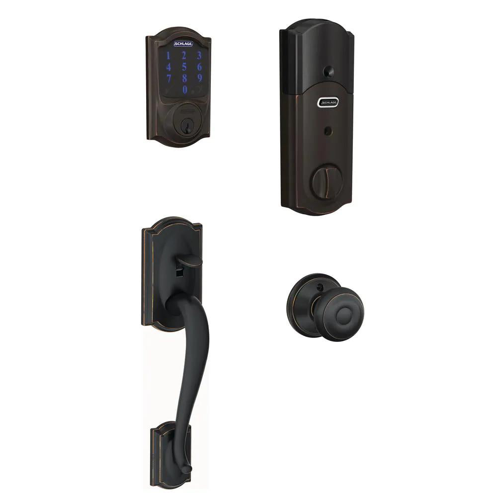 Aged Bronze Connect Z-Wave Plus Smart Deadbolt Alarmed Lock with Camelot Trim &amp; Door Handle Set with Georgian Door Knob