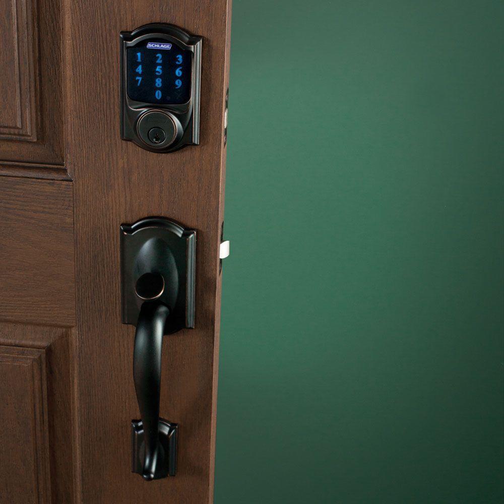 Aged Bronze Connect Z-Wave Plus Smart Deadbolt Alarmed Lock with Camelot Trim &amp; Door Handle Set with Georgian Door Knob