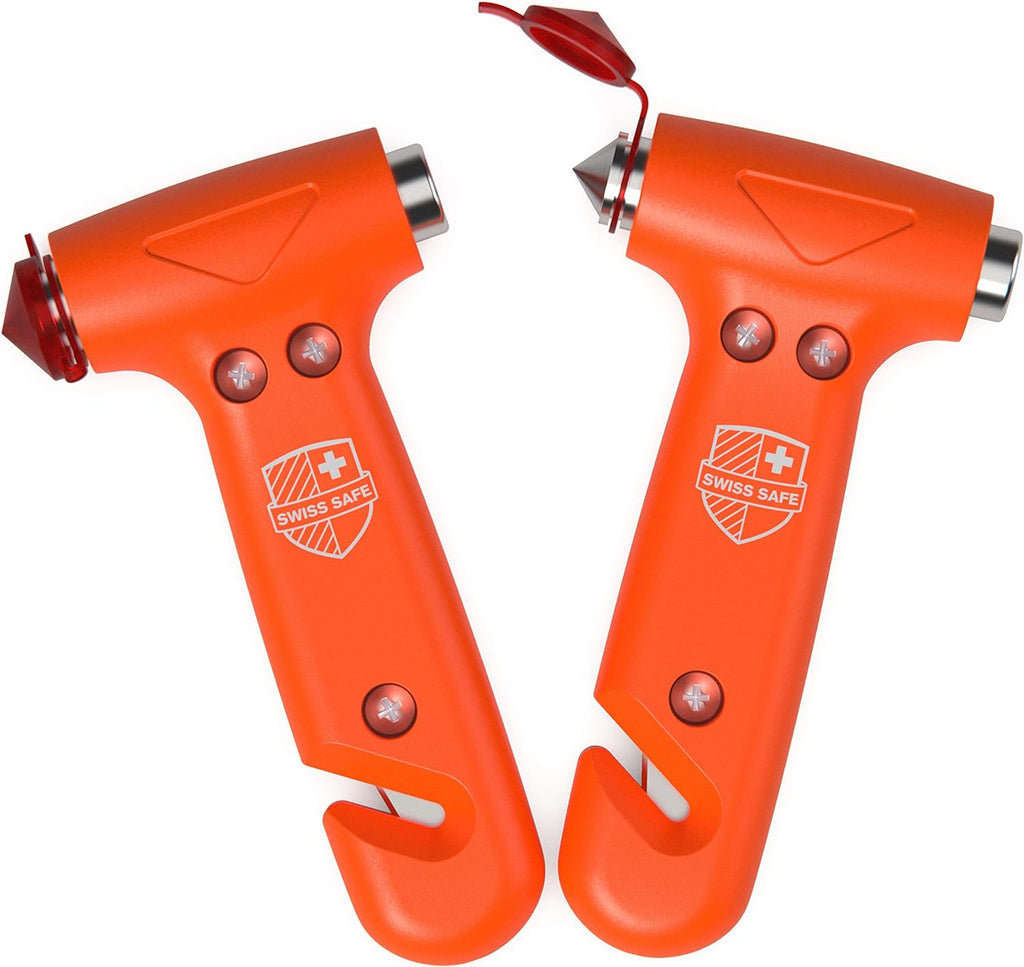 Swiss Safe 5-in-1 Car Safety Hammer, Emergency Escape Tool with Car Window Breaker and Seatbelt Cutter, Orange, 2 Pack