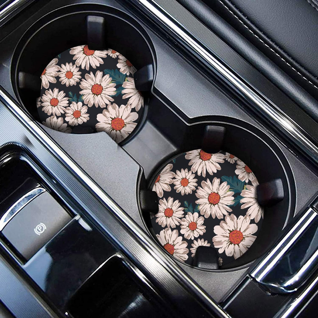 Daisy Print Car Cup Holder Coasters, 2PCS 2.75" White Daisy  Car Coasters for Drinks, Cup Drink Holder Insert Coasters for Car by FLYEEGO
