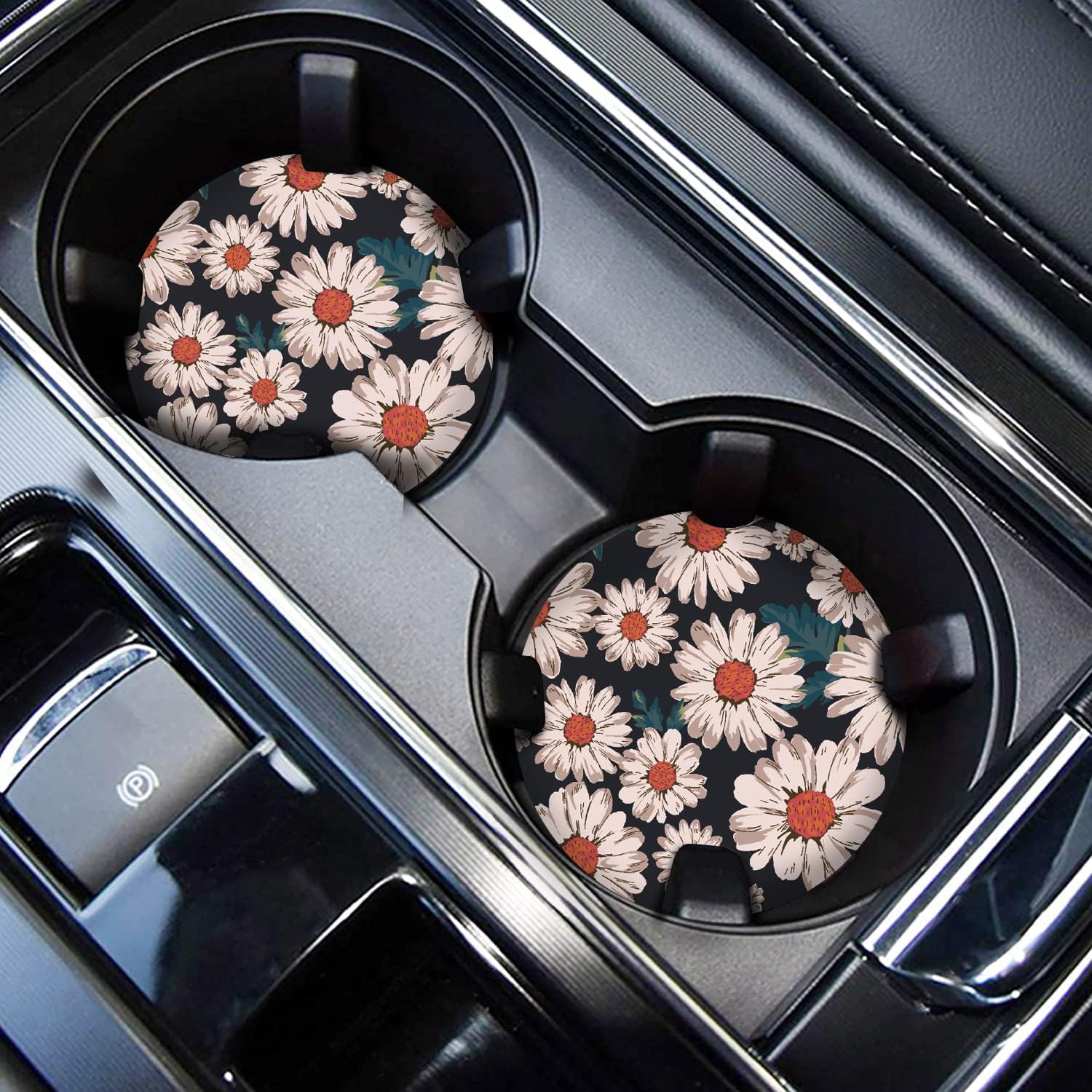 Daisy Print Car Cup Holder Coasters, 2PCS 2.75" White Daisy  Car Coasters for Drinks, Cup Drink Holder Insert Coasters for Car by FLYEEGO