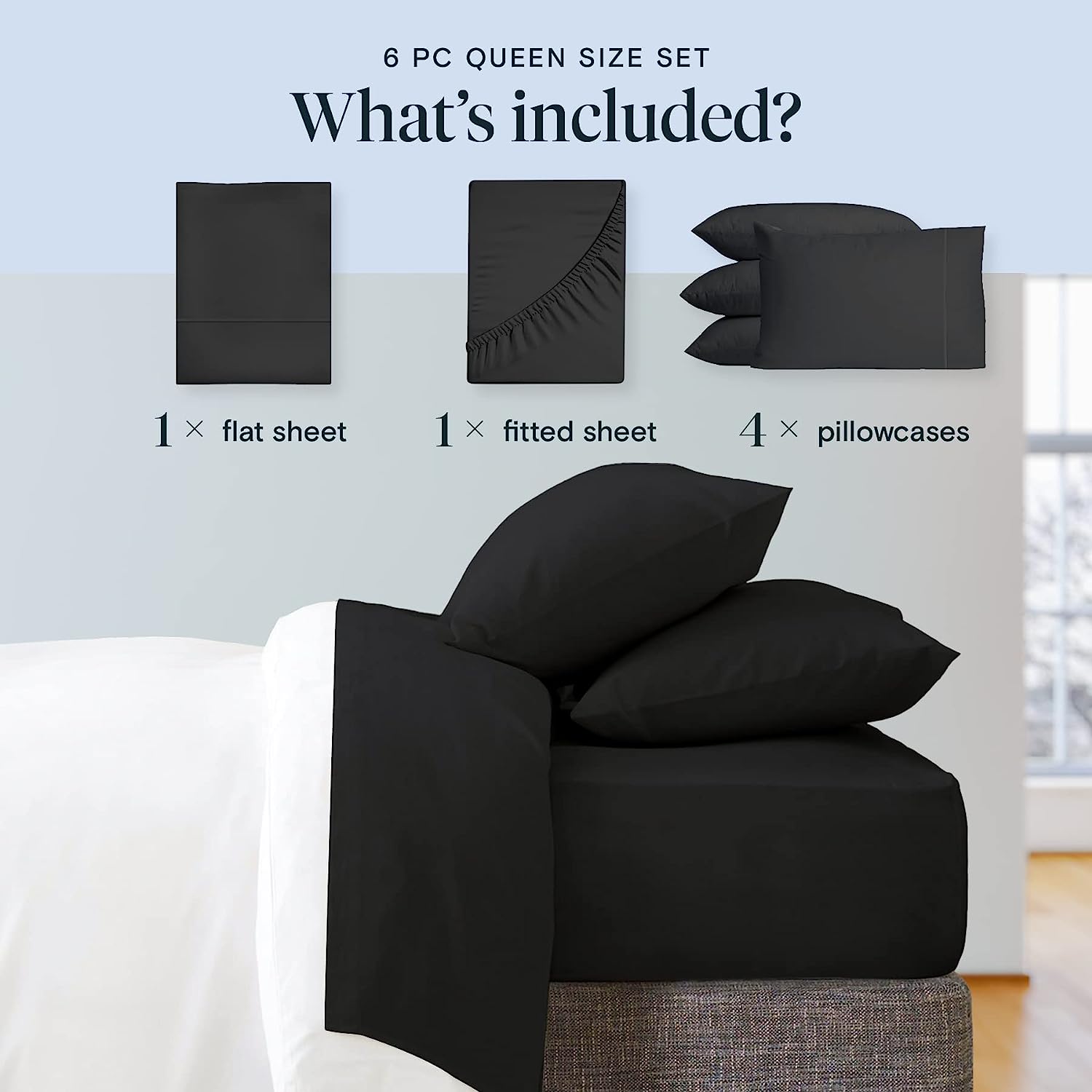 LuxClub 6 PC Full Size Sheet Set Bamboo Sheets Deep Pockets 18" Eco Friendly Wrinkle Free Cooling Sheets Machine Washable Hotel Bedding Silky Soft - Black Full