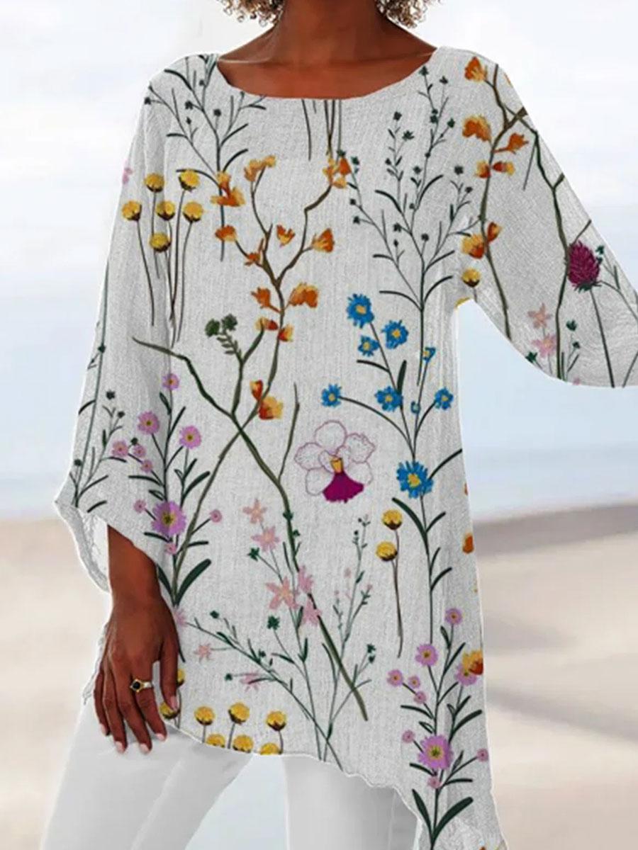 Round Neck Floral Print Loose Long Sleeve Blouse
