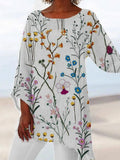 Round Neck Floral Print Loose Long Sleeve Blouse