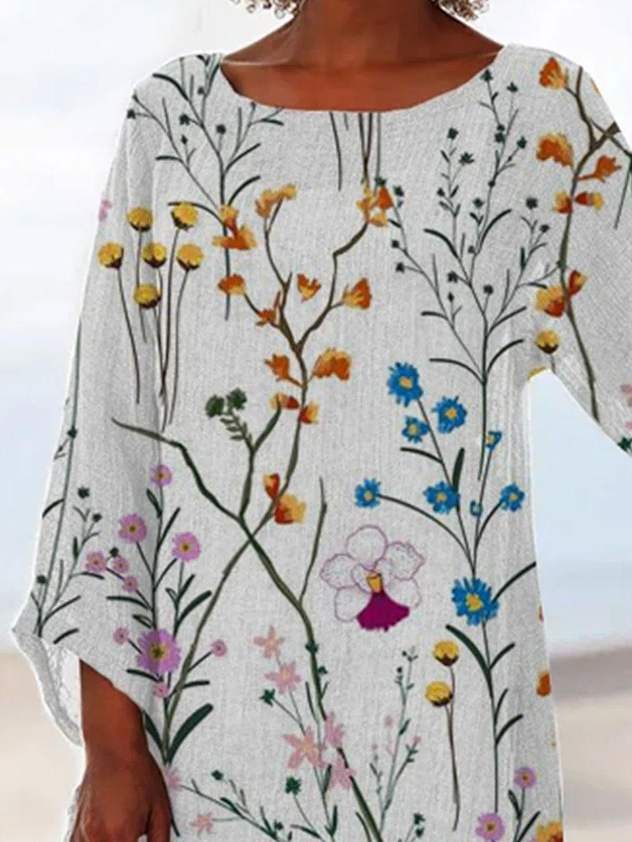 Round Neck Floral Print Loose Long Sleeve Blouse