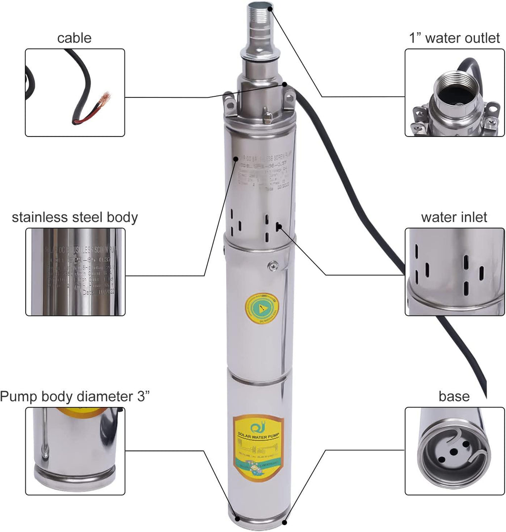 Submersible Deep Well Pump Solar Water Pump DC 24V 370W  Steel Screw Pump, 213ft Lift 8.8GPM Flow, Agricultural Irrigation Pump Solar Water Circulating System