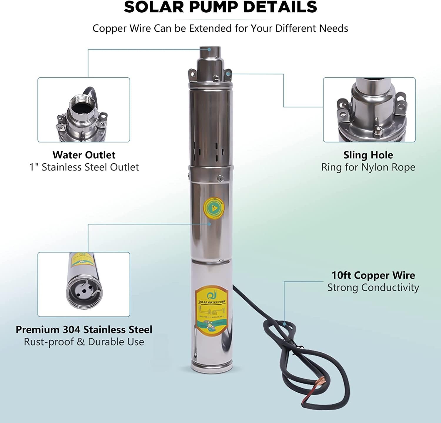 Submersible Deep Well Pump Solar Water Pump DC 24V 370W  Steel Screw Pump, 213ft Lift 8.8GPM Flow, Agricultural Irrigation Pump Solar Water Circulating System