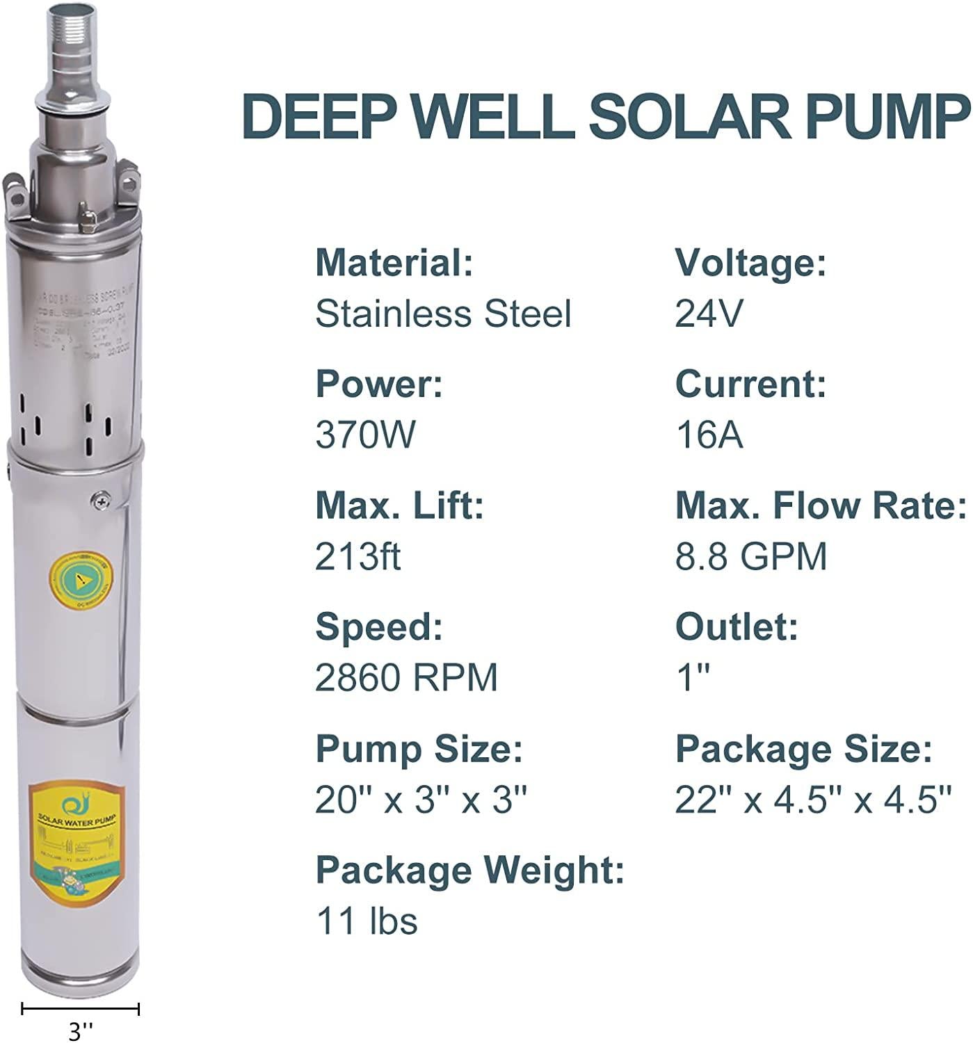 Submersible Deep Well Pump Solar Water Pump DC 24V 370W  Steel Screw Pump, 213ft Lift 8.8GPM Flow, Agricultural Irrigation Pump Solar Water Circulating System